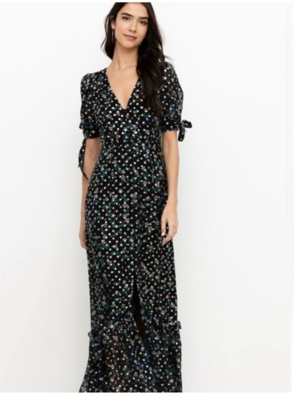 Yumi Kim Palmetto Black Dove Maxi Dress Short Sleeve Metallic Floral Dot Sz 12